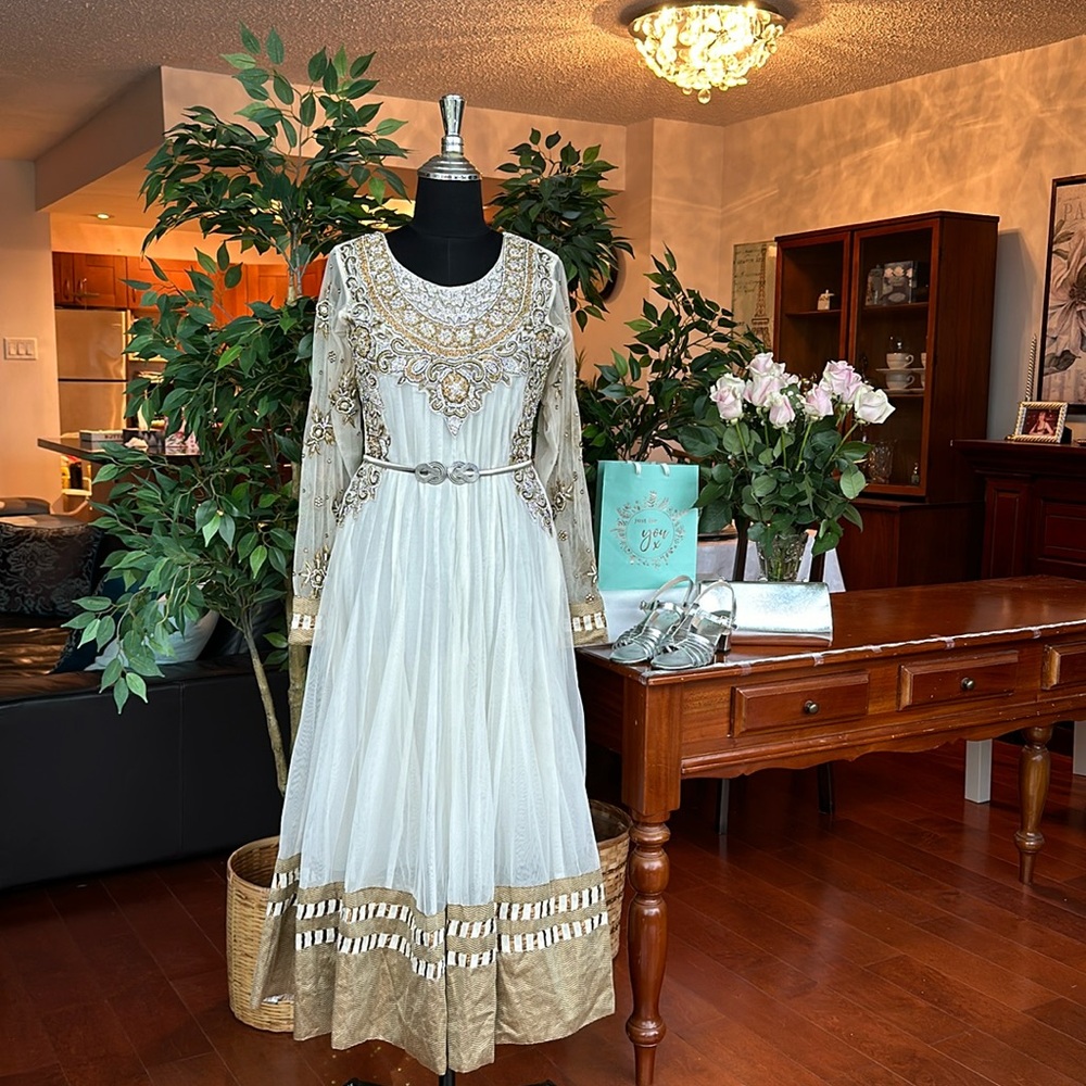 Indian Anarkali Party Dress Cream & Gold Embroidered Formal, Wedding, Evening